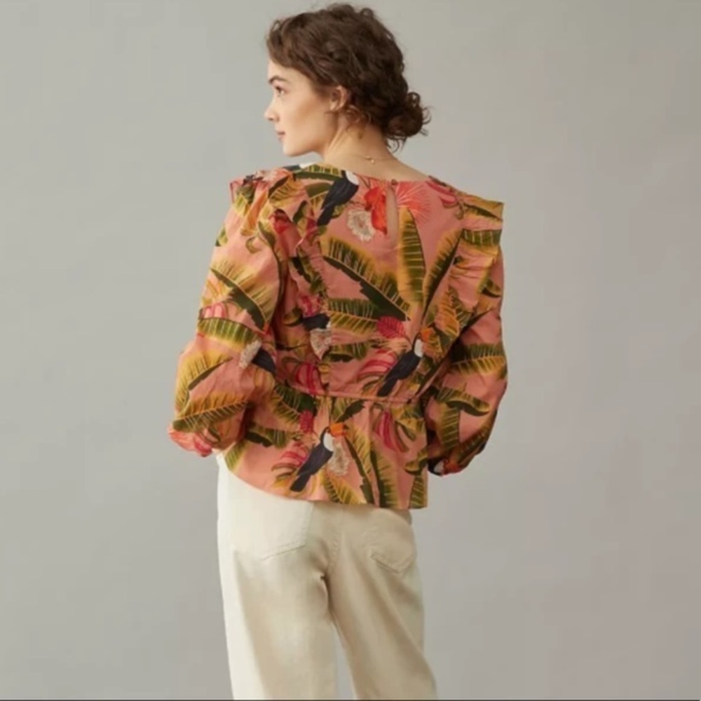 NWT Farm Rio Yasmine Ruffled Blouse Pink Combo Anthropologie Womens Top Tropical - Picture 4 of 14
